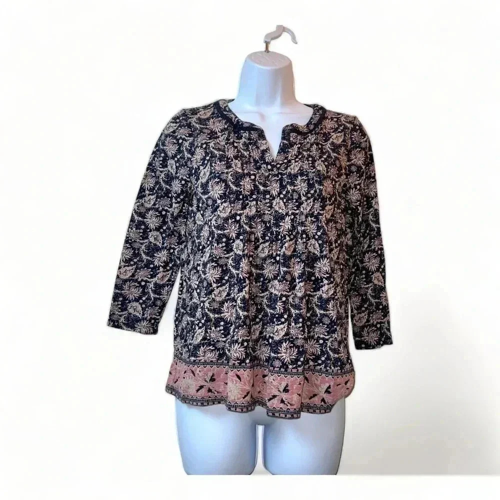 Lucky Brand Womens Boho Blue Floral Blouse Sz S Peasant Bohemian Slit Cowgirl